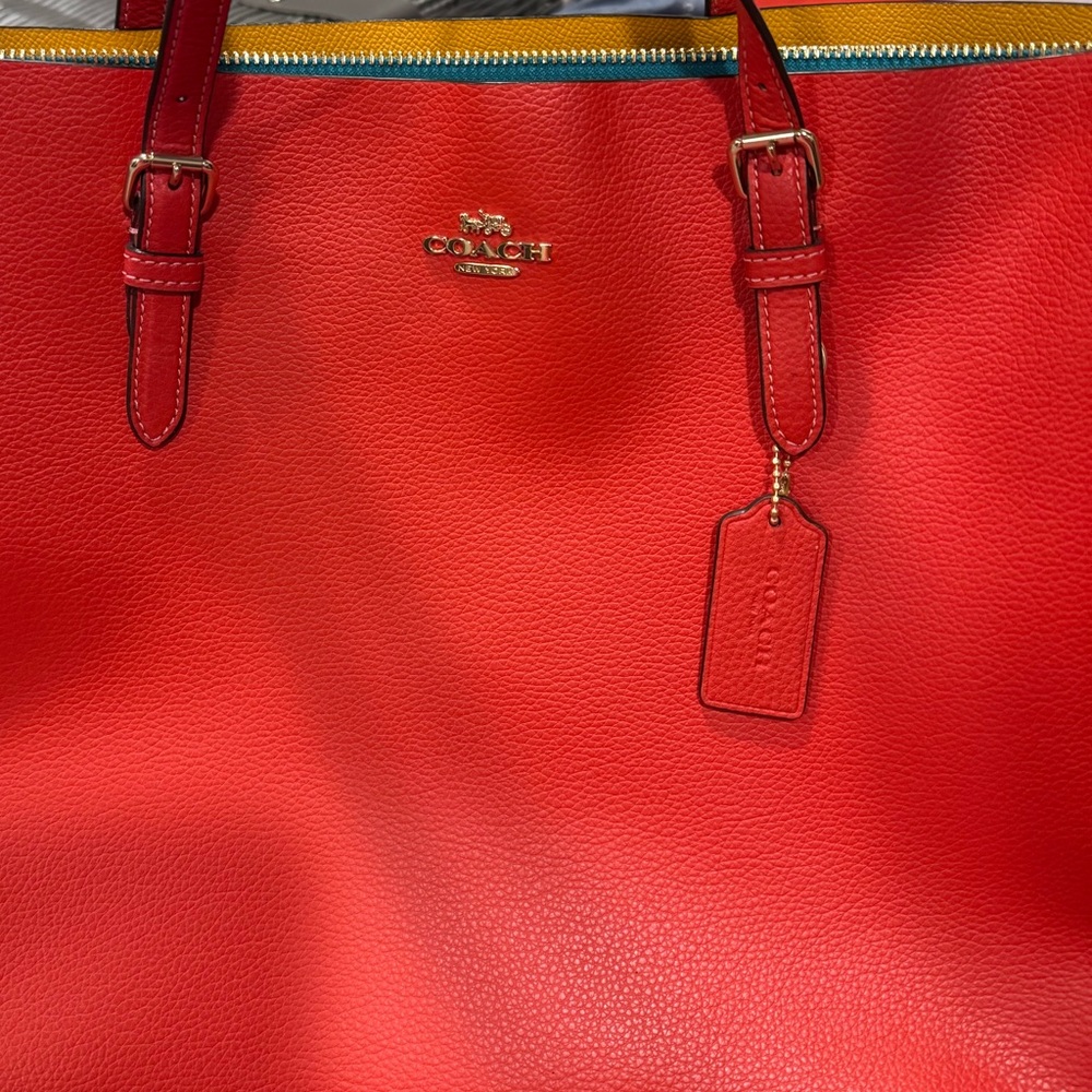 Coach Red /Orange Tote Bag; Lg., beautiful; NWOT; yellow and teal interior. - Picture 3 of 12